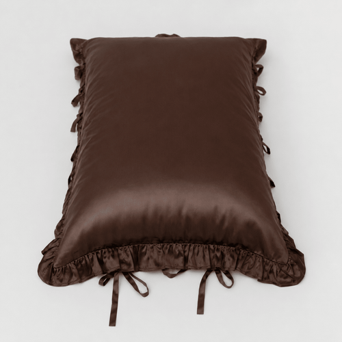 Organic Silk Pillowcase in Frill Tie Espresso - Yumi Silk